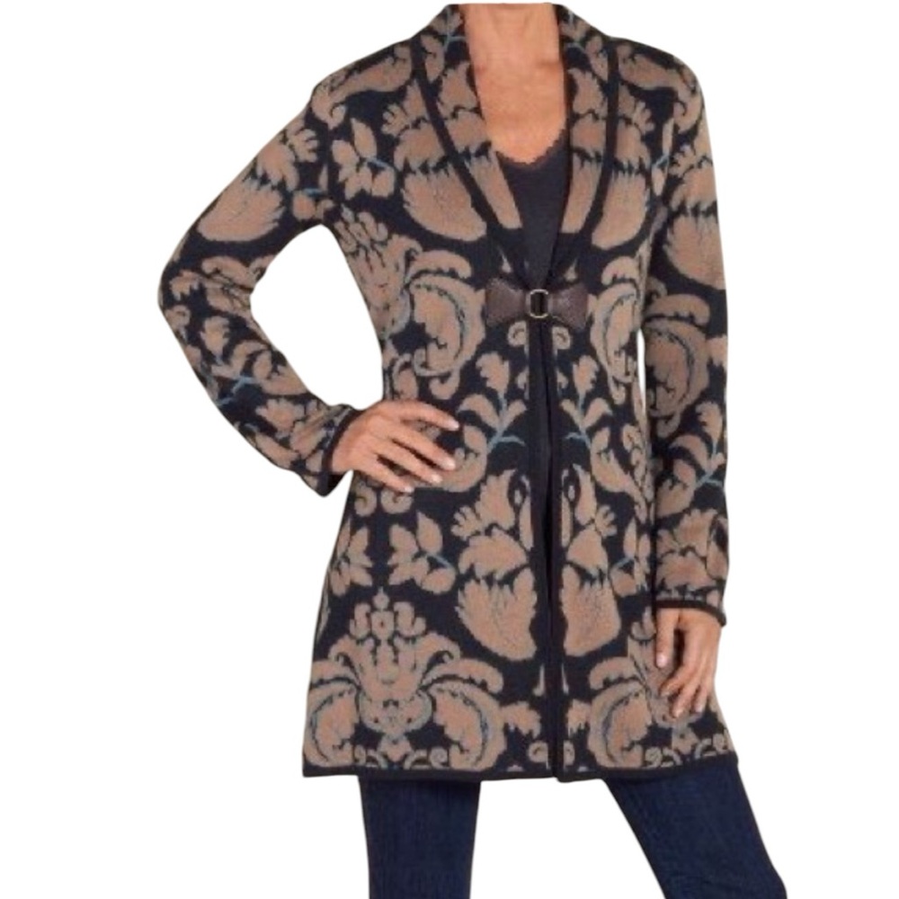 Soft Surroundings Jacquard Sweater Coat Wool Blend Cardigan Topper Women…